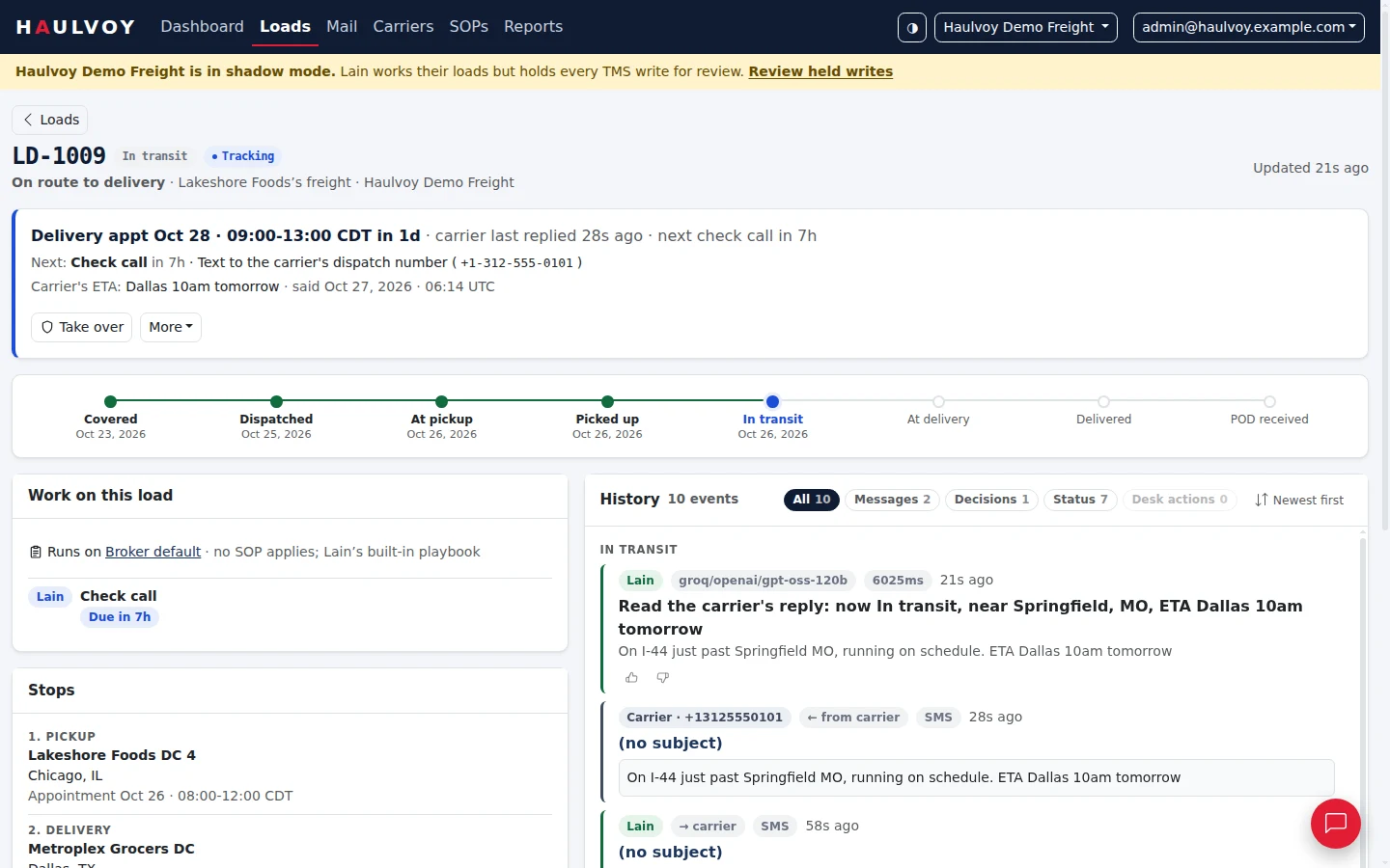 The Haulvoy desk's page for load LD-1009, in transit from Chicago to Dallas: delivery appointment, the carrier's ETA, a milestone stepper and a history showing the dispatcher's text and Clantus's reading of it.
